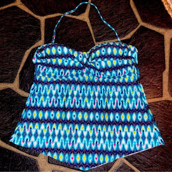 Blue Abstract Printed Halter Swim Bikini Tunic Top Large - Picture 1 of 5
